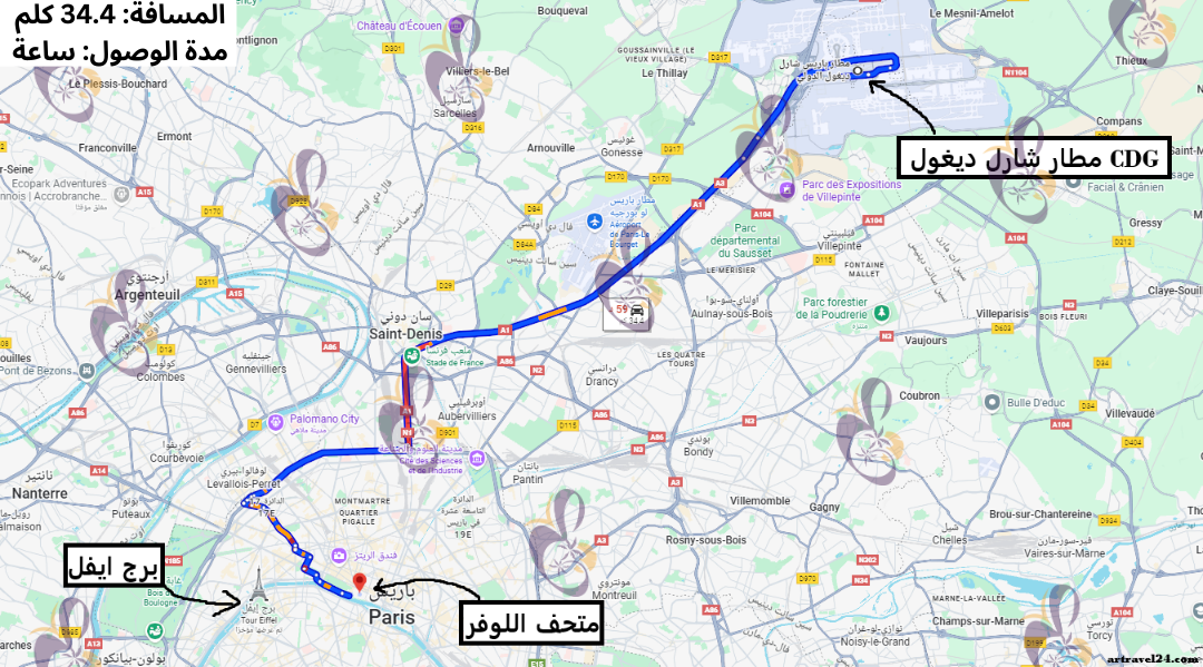 خريطة توضح موقع متحف اللوفر وطريقة الوصول اليه